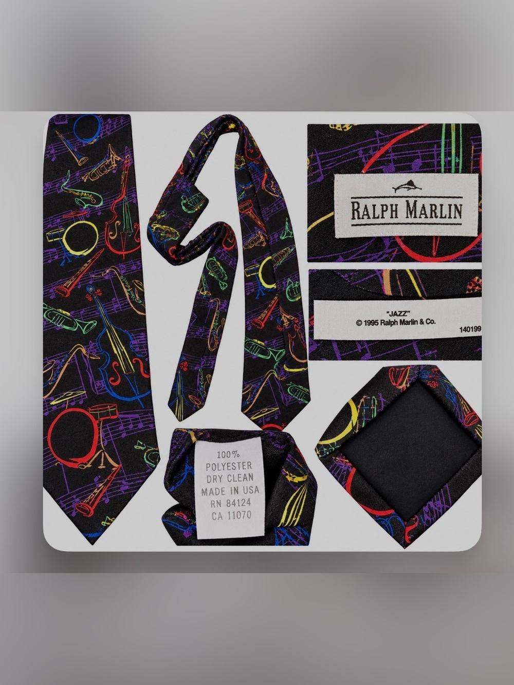 Vintage 1995 Ralph Marlin Jazz Musical Instruments Novelty Tie Made USA